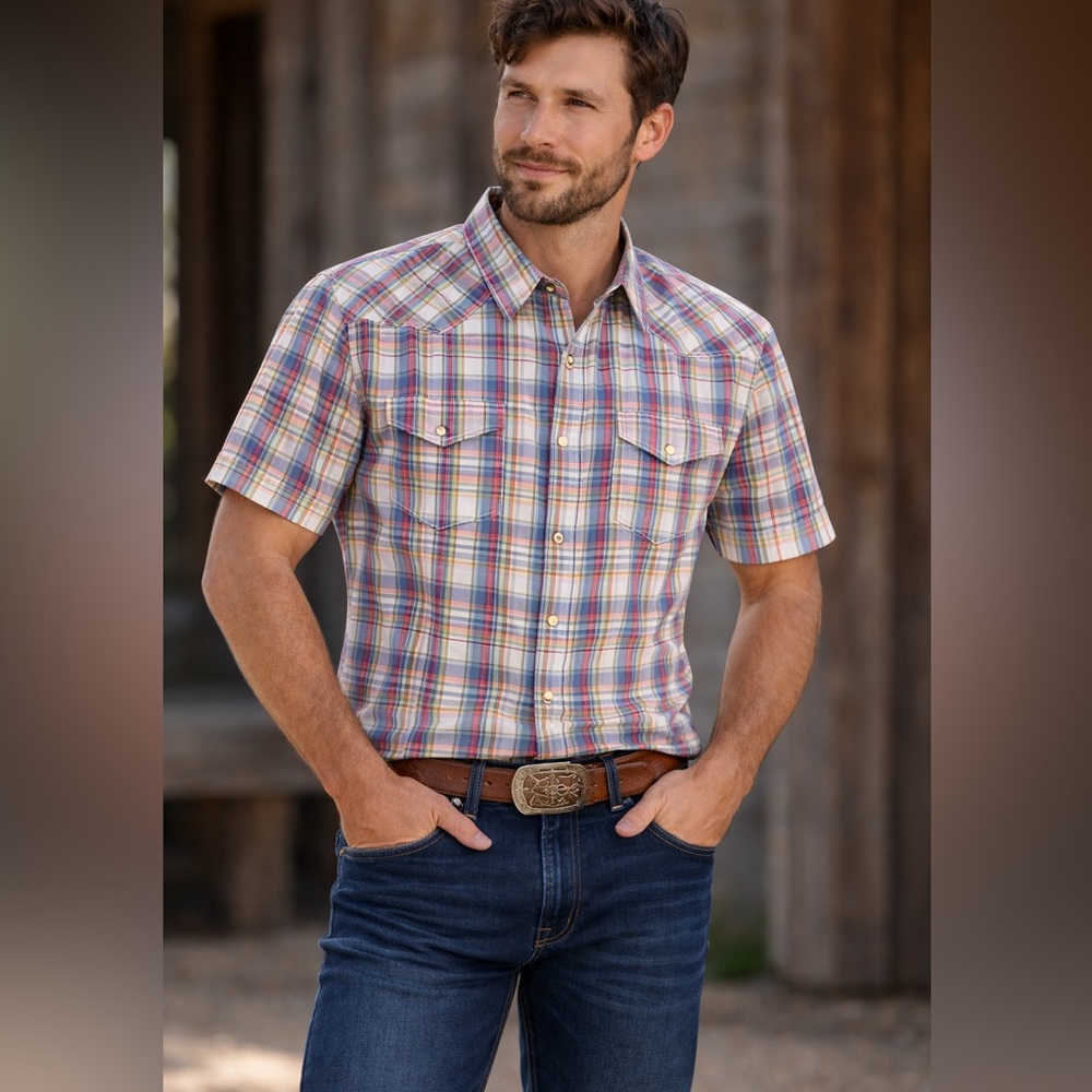 Lucky Brand Men's light Multicolors Plaid Short Sleeve Shirt